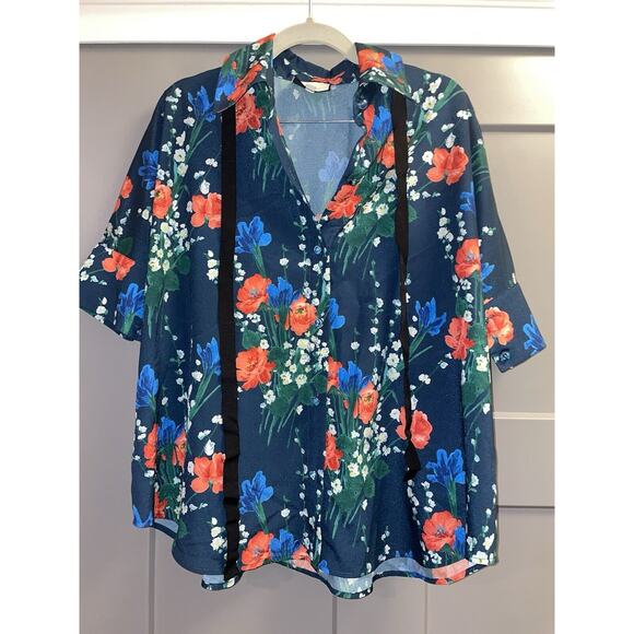 Tuckernuck Blouse Jade Blooms Farris Button Up Top Glass Button Black Tie S - Picture 3 of 8